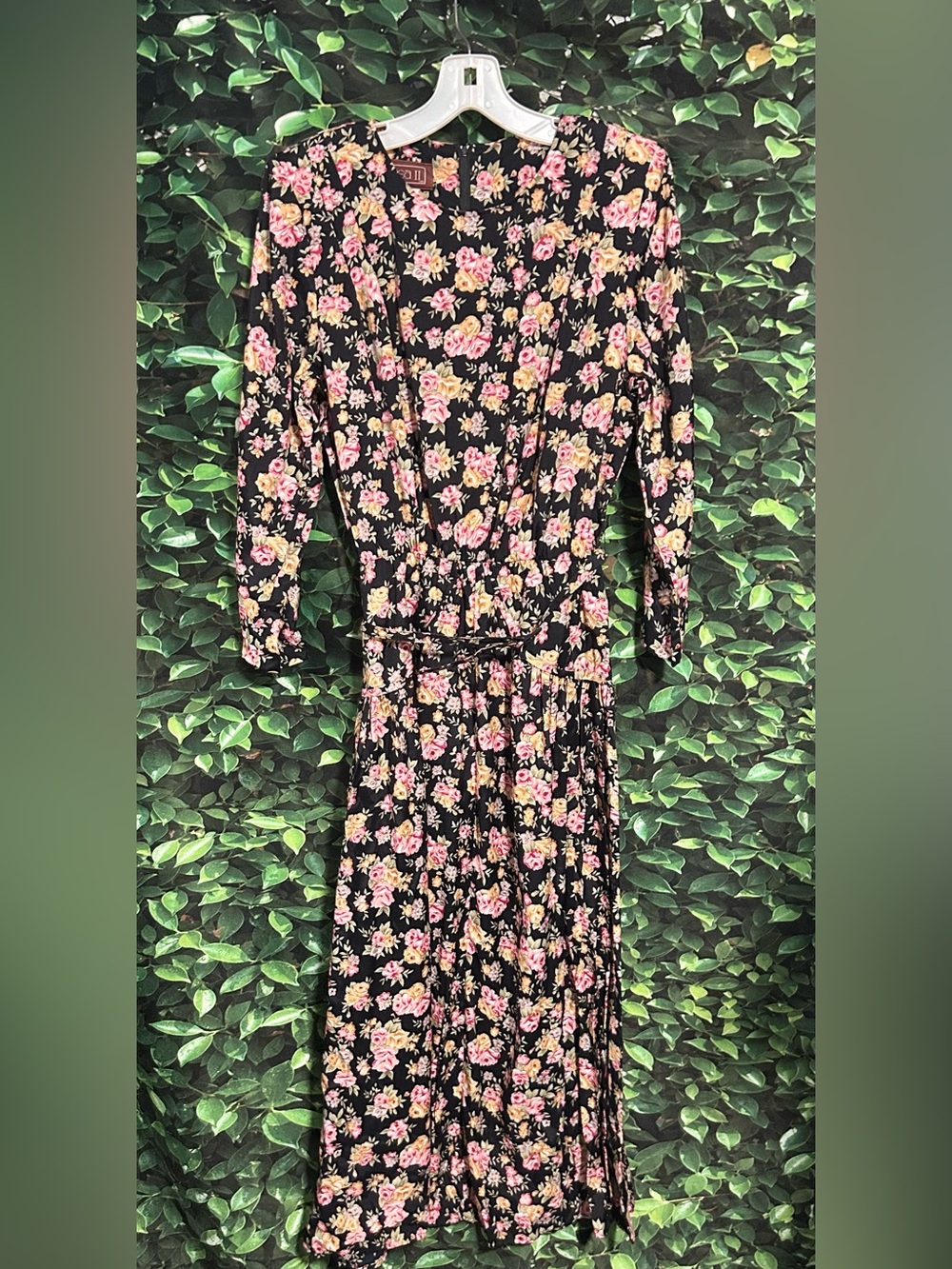 Vintage 1990s Lisa II Belted Dress Black Floral Cottagecore Womens 10